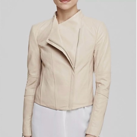 Vince Sand Shell Asymmetrical Rib Knit 100% Lambskin Leather Moto Designer Coat - Picture 3 of 16